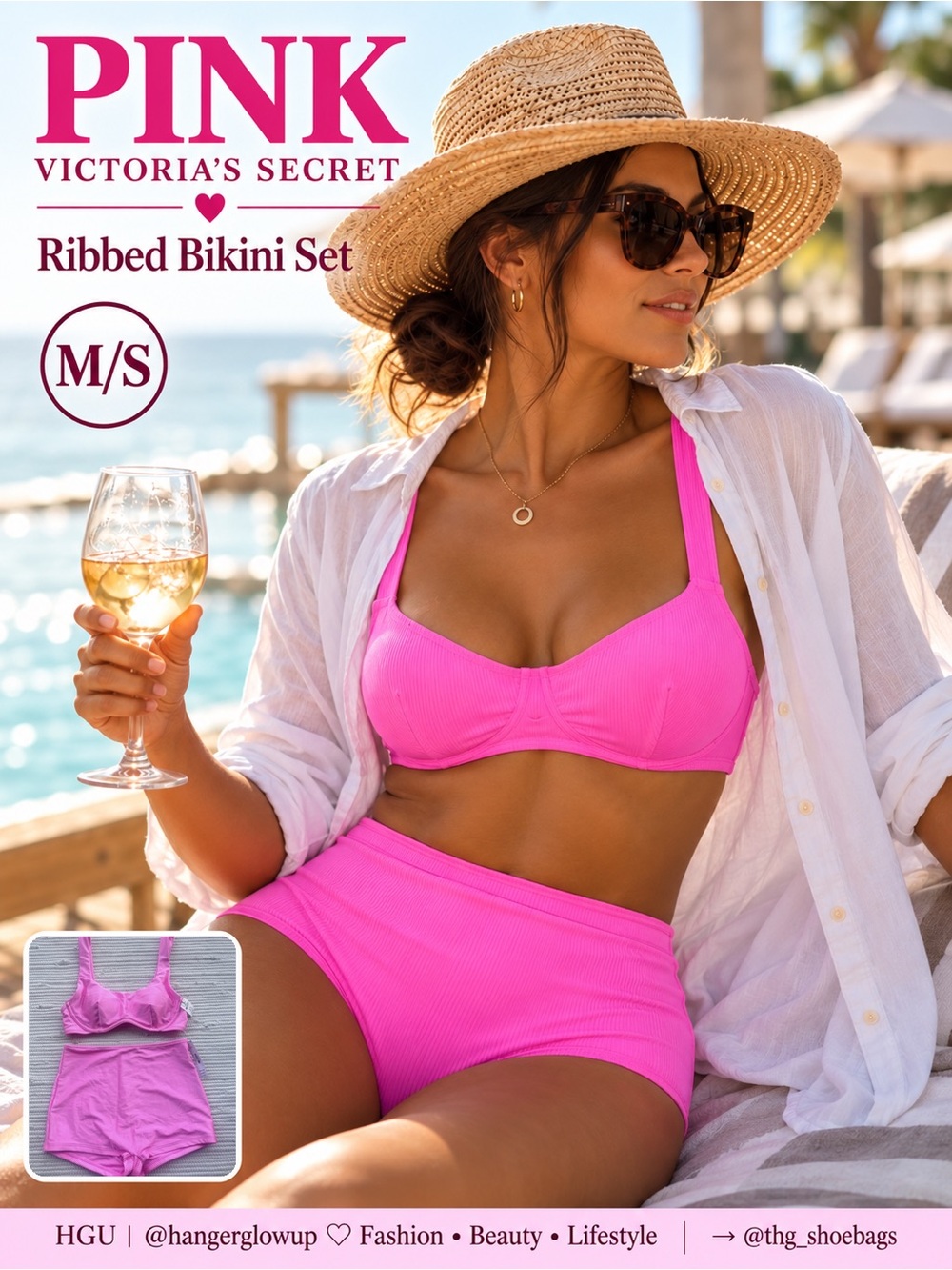 NWT PINK Victoria's Secret Pink Ribbed Bikini Set Underwire Top M Boyshort S